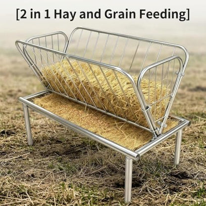 Galvanized Steel Hay Feeder, 2 in 1 Outdoor Livestock Feeder with Extra Wide Feed Pan, Durable Pasture Feeder for Goats Sheep Horses Calves Cows Ponies