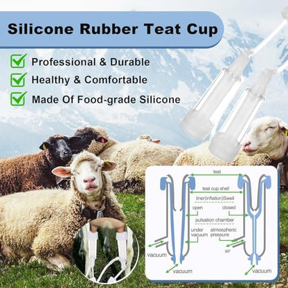 Electric Goat Milking Machine Portable Milker with Silicone Teat Cups & Pulsation System Food Grade 3L Bucket Hands-Free Operations for Cow Goat Dairy