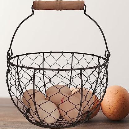 TAIANLE. Wire Egg Basket with Wooden Handle, Farmhouse Egg Collecting Basket Gathering Eggs Holds 1-3 Dozen – Kitchen Countertop, Chicken Coop, Easter & Gift - color: Rusty round mesh