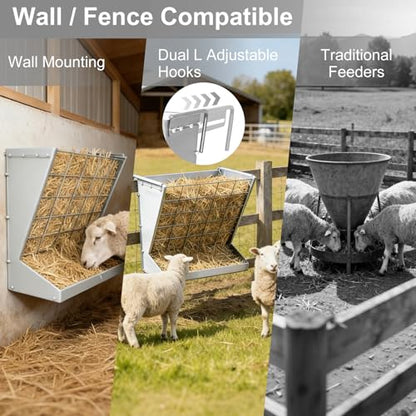 Wall Mount Hay Feeder,2 in 1 Hay & Grain Livestock Feeder,Heavy-Duty Metal Wall Mount Hay Rack for Goats/Sheep, Horses, Cattle