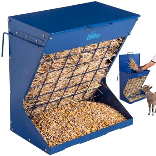 Wall Mount Hay Rack And Hay Feeder For Goats Sheep And Horses, Covered Galvanized Steel Goat Hay Feeder With Hinged Roof, 25 Gallon 2-In-1 No Waste Hanging Holder Grain Bin with hook For Cattle - color: Blue