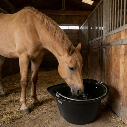 predolo Horse Feeder Feed Bucket Wear Resistant Sturdy PP Metal Ergonomic Handle Easy to Carry Suitable for Equestrian Stable Outdoor barn Livestock Care, Black - color: Black