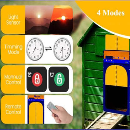 Automatic Chicken Coop Door,Solar Powered Door Opener With Adapter,4 Modes With Timer & Light Sensor & Remote Control,Anti-Pinch Design,Aluminum Waterproof Electric Coop Door