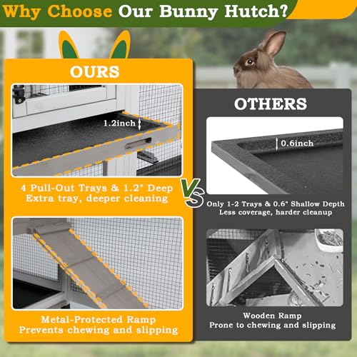 PetsCosset Double Rabbit Hutch Outdoor Indoor Large Bunny Cage with Dual Side Runs, 2-Story Wooden Hutch with 4 Leak Proof Trays, 8 Wheels, Waterproof Roof, Ramp, for Small to Medium Animals - size: 93.0"L x 22.1"W x 35.0"H