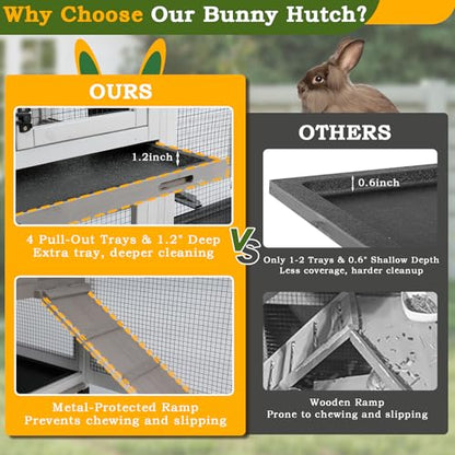 PetsCosset Double Rabbit Hutch Outdoor Indoor Large Bunny Cage with Dual Side Runs, 2-Story Wooden Hutch with 4 Leak Proof Trays, 8 Wheels, Waterproof Roof, Ramp, for Small to Medium Animals - size: 93.0"L x 22.1"W x 35.0"H