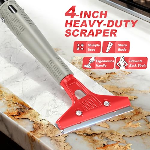Floor Scraper Long Handle Heavy Duty (30"-58" Adjustable), 4 Inch Razor Blade Scraper Tool for Cleaning Floor Wall Glass Tile Paint Sticker Gum, 10 Extra Blades