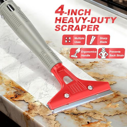Floor Scraper Long Handle Heavy Duty (30"-58" Adjustable), 4 Inch Razor Blade Scraper Tool for Cleaning Floor Wall Glass Tile Paint Sticker Gum, 10 Extra Blades