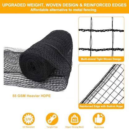 Deer Fence Netting, Plastic Mesh Fence 7x50ft - 55gsm Heavy Duty Black Plastic Deer Fencing Temporary Garden Fence Netting for Yard Protection from Deer Dog Chicken Critter Barrier - Reinforced Edge - size: 7 x 50 Feet