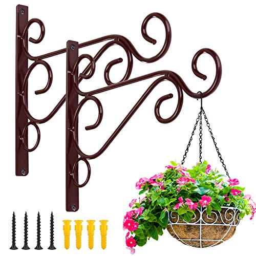 KABB Hanging Plant Bracket, 2 Pcs 10" Iron Decorative Wall Hanger Hooks for Hanging Plants Flower Baskets Bird Feeders Wind Chimes, Indoor Outdoor Rustic Home Decor, Coffee Color - color: Brown