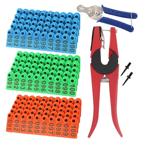 300PCS Livestock Ear Tags for Sheep Goat Kit 001-100 Numbered Tag Animal Identification with Ear Tag Applicator and Ear Tags Remove Pliers (Blue+Green+Orange) - color: Blue+Green+Orange