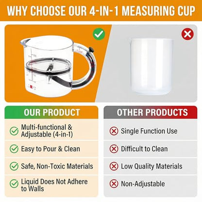 Adjustable 4-in-1 measuring cup with double scale (ml/oz) push bottom design, used as a multi in 1 measuring tool for baking and cooking