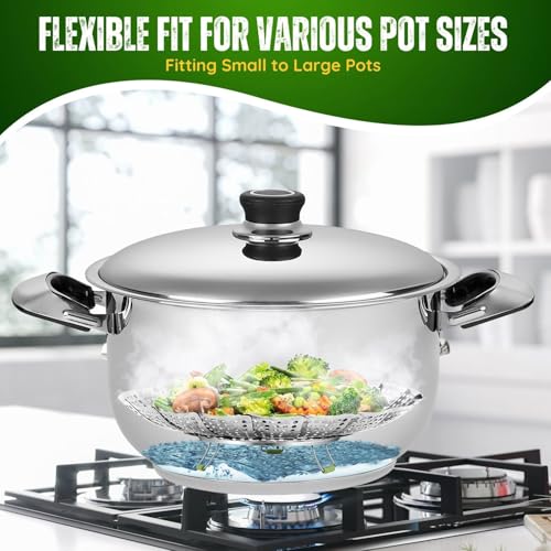 Flexzion Vegetable Steamer Basket for Pot - Stainless Steel Steaming Basket for Veggie, Fish, Meats, Eggs - Extendable Expandable Foldable Steam Basket w/Handle for Various Pot Size, 7 to 11 Inch