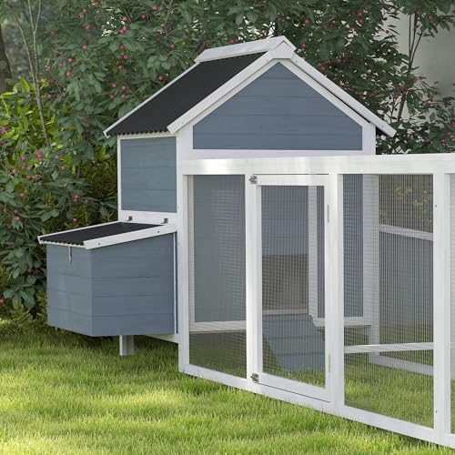 PawHut Extra Large Chicken Coop with 2 Nesting Box, 156" Wooden Hen House Poultry Cage with Extra Long Run Cage, Waterproof Wave Roof, Perches, Swings, for 10-15 Chickens, Rabbits, Ducks, Light Gray