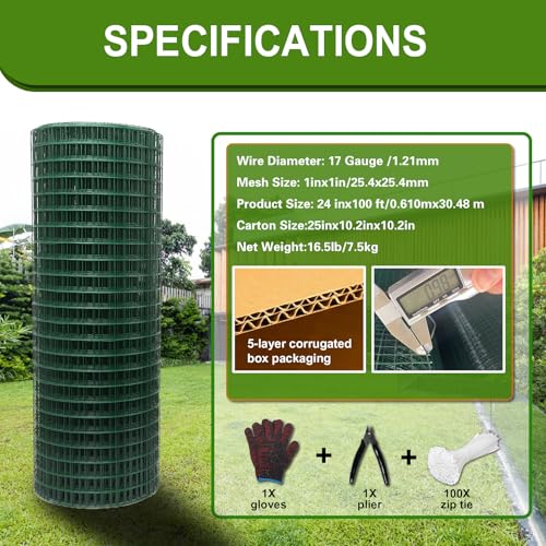 Hardware Cloth 1' 24in x 100ft Chicken Wire, Green Garden Fence, PVC Coated Metal Welded Wire Mesh for Preventing Snakes, Raccoons, Foxes, Poultry Netting - size: 1inx24inx100ft