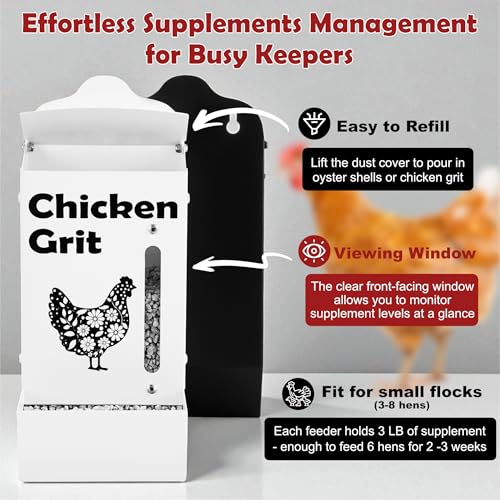 CluckRoots Chicken Grit and Oyster Shell Feeder Combo, No-Spill Weatherproof Heavy-Duty Design, Lift-Off Wall-Mounted Metal Dispenser w/View Window, Chicken Coop Accessories Gifts for Lovers Women - color: Combo-Black/White