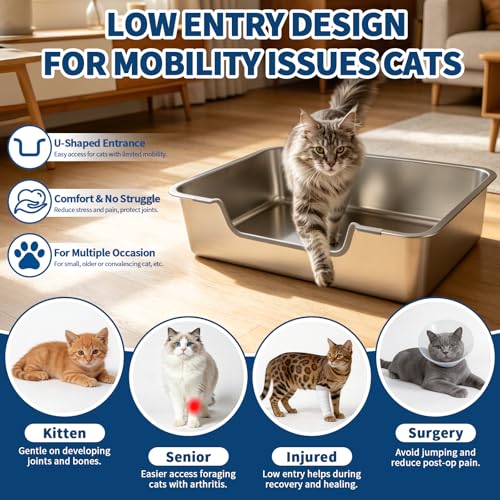 FHTONGE Low Entry Stainless Steel Cat Litter Box, Splash-Proof High Wall Metal Kitty Litter Box Kitten Toilet for Senior Arthritis Surgery Injured Disabled Munchkin Small Pregnant Cat, 23.6x15.8 - size: 23.6x15.8"(60x40cm) for Giant Cat
