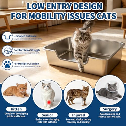 FHTONGE Low Entry Stainless Steel Cat Litter Box, Splash-Proof High Wall Metal Kitty Litter Box Kitten Toilet for Senior Arthritis Surgery Injured Disabled Munchkin Small Pregnant Cat, 23.6x15.8 - size: 23.6x15.8"(60x40cm) for Giant Cat