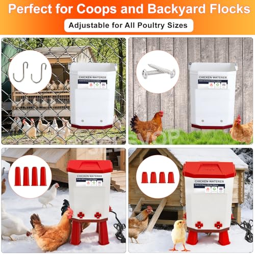 Heated Chicken Waterer, 7L Chicken Water Heater Bucket for Winter with 4 Nipple Drinkers, Anti-Freezing, Winter and Summer Dual-use, Automatic Heated Poultry Drinker for Coop (Red) - size: 1.9 Gallon