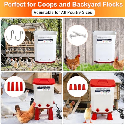 Heated Chicken Waterer, 7L Chicken Water Heater Bucket for Winter with 4 Nipple Drinkers, Anti-Freezing, Winter and Summer Dual-use, Automatic Heated Poultry Drinker for Coop (Red) - size: 1.9 Gallon