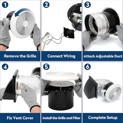 512M 6-Inch Through Wall Exhaust Fan, 80 CFM High Airflow & Quiet 4.0 Sones Operation – Bathroom Exhaust Fan & Wall Vent Fan | Retractable Duct for Efficient Venting with Aluminum Grease Filter