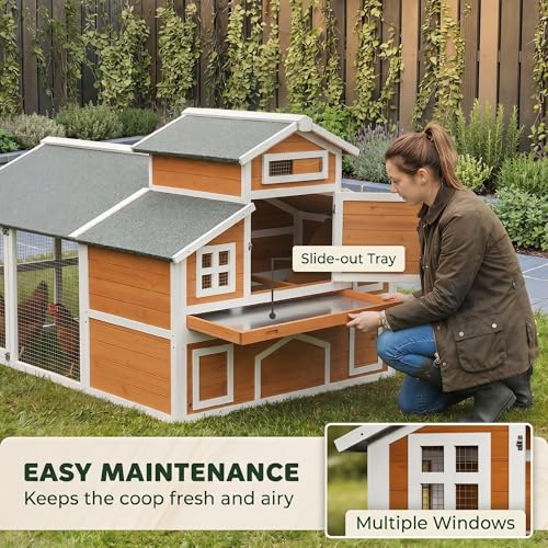 PawHut 79" L Chicken Coop for 6 Chickens Outdoor Wooden Hen House Poultry Cage with Run, 2 Nesting Boxes, Slide-Out Tray, Sliding Rod Door, Roosting Bar, Waterproof Asphalt Roof, Orange