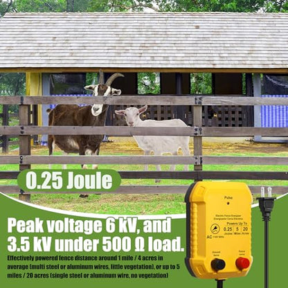 MorningRo Electric Wire Fence Kit, 5 Mile 110VAC 0.25 J Plug in Fence Charger with 3366 FT Polywire, 40 T Post Insulators, 20 Screw in Insulators for Pasture Farm Horse Cattle Poultry Fencing - size: 3366FT, style: 0.25J
