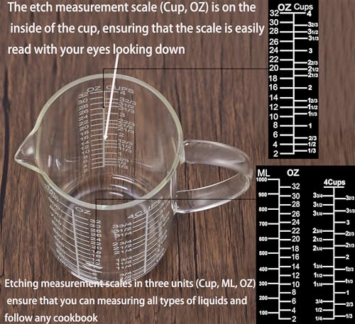 Ackers Mirror Etching Scale Glass Measuring Cup-[Insulated handle | V-Shaped Spout]-Made of High Borosilicate Glass Measuring Cup for Kitchen or Restaurant, Easy to Read, 1000 ML (32 Oz, 4 Cup) - size: 1000 ML (32 Oz, 4 Cup) - Mirror Etching