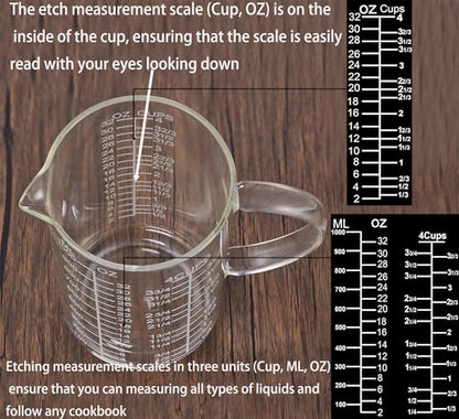 Ackers Mirror Etching Scale Glass Measuring Cup-[Insulated handle | V-Shaped Spout]-Made of High Borosilicate Glass Measuring Cup for Kitchen or Restaurant, Easy to Read, 1000 ML (32 Oz, 4 Cup) - size: 1000 ML (32 Oz, 4 Cup) - Mirror Etching