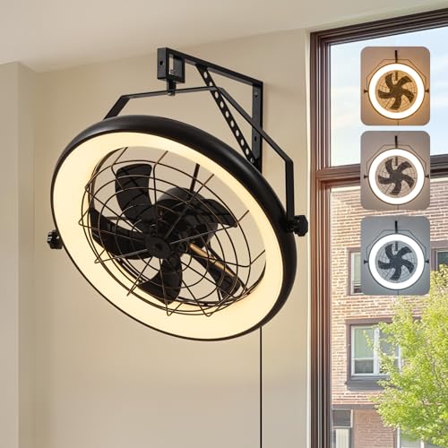 Wall Mounted Fan with Lights, 27” Wall Mount with Remote, 6 Speeds Plug in, Reversible, 3CCT, Dimmable, Noiseless, 360°Adjustable Tilt for Workshop, Patio, Home - color: 1010-27"