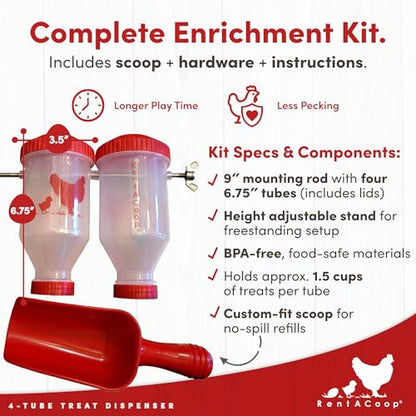 RentACoop Chicken Treat 4 Tube Dispenser – Multi-Treat Enrichment Toy and Boredom Buster for Chickens, Easy Top-Fill, Height Adjustable, Chicken Coop Accessory – Install Indoor or Outdoor - size: Large Clear Tubes