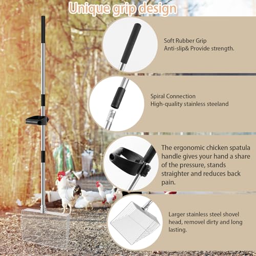15-inch Large Chicken Poop Scooper with Ergonomic Grip, 4 in 1 Adjustable Chicken Coop Pooper Shovel (24 to 70"), Sifting Litter Shovel for Chicken Coop/Goat Stall/Stable Cleaning