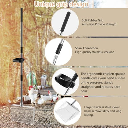 15-inch Large Chicken Poop Scooper with Ergonomic Grip, 4 in 1 Adjustable Chicken Coop Pooper Shovel (24 to 70"), Sifting Litter Shovel for Chicken Coop/Goat Stall/Stable Cleaning