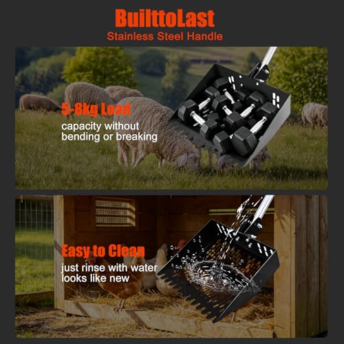 12inch Width Heavy Duty 2-in-1 Chicken Poop Scooper & Rake, Stainless Steel Chicken Coop Litter Sifting Shovel with Ergonomic Grip & Adjustable Angle, Sand Scoop for Coop, 37-54 Inch (12inch) - size: 12inch