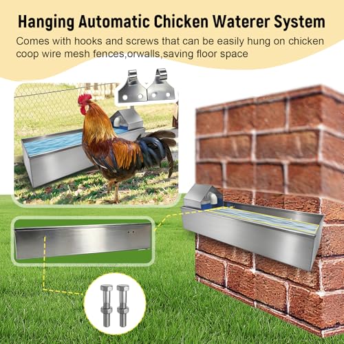 Automatic Chicken Waterer Dispenser Stainless Steel Poultry Waterer Dispenser with Float Valve Kit and Drain Hole Hanging Chicken Watering System for Hen Pigeon Duck Goose Turkeys