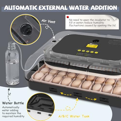Sailnovo Incubators for Hatching Eggs 70 Egg Incubator with Auto Egg Turning & Auto Humidification, Temperature Control, Incubator for Chicken Duck Quail Eggs, Perfect for Lab School Farm, Gray&Yellow