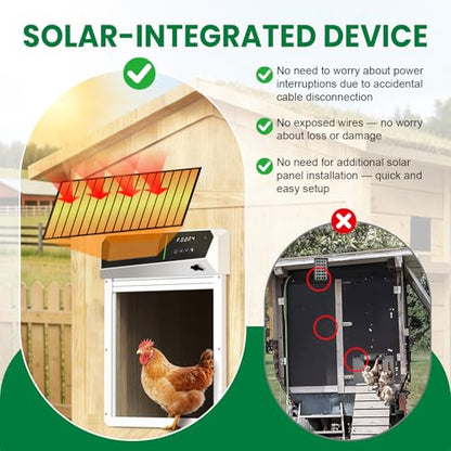Solar Automatic Chicken Coop Door with Built-in Solar Power & Battery Backup and Timer & Manual Control， Anti-Pinch Safety System, Large LCD Display, Weatherproof Aluminum Auto Chicken Coop Door