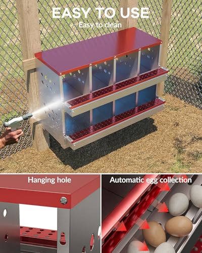 GarveeTech Chicken Nesting Box for Laying Eggs, 8 Compartment Galvanized Steel Laying Boxes for Hens with Front Access Tray, Easy Wall Mount, Includes 8 Training Eggs - color: Red