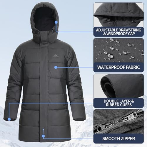 Pioneer Camp Mens Long Winter Coat Hooded Waterproof Insulated Puffer Jacket Thicken Puffy Warm Down Windbreaker Parka - color: Heather Grey, size: Small