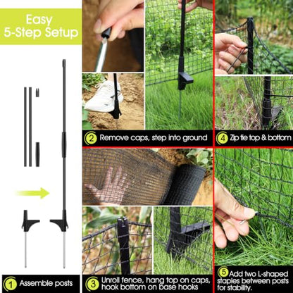 Temporary Fence for Backyard, RIFNY 2.6 x 100 FT Temporary Fencing with Fiberglass Posts Ground Stakes L-Shaped Staples for Outdoor to Protect Plants Fruit Trees from Dogs Chicken Deer Animals - size: 2.6x100FT
