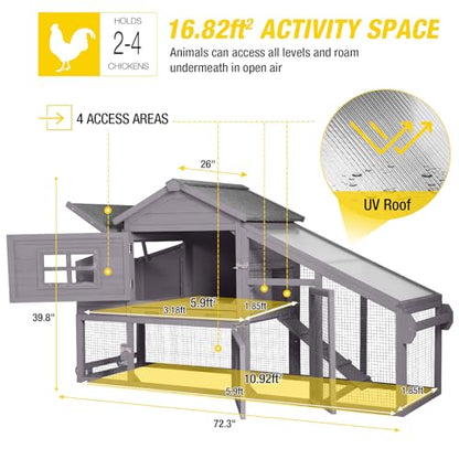 Aivituvin Mobile Chicken Coop with Wheels for 2-4 Chickens, Backyard Expandable Chicken House Duck Cage with Run, 2 Nesting Boxes, Easy Clean Pull-Out Tray, Leak-Resistant Asphalt Roof, 72.3"(Grey) - color: Grey, size: 72.3"L x 26.0"W x 39.4"H