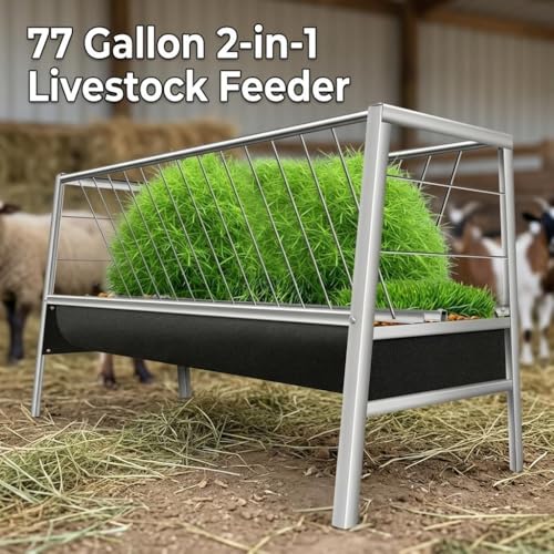 59 Inch Livestock Feeder 77 Gallon Capacity, Heavy Duty Stainless Steel Hay Feeder with Deep Rubber Grain Trough for Goats, Sheep and Horses, Barn or Pasture Use