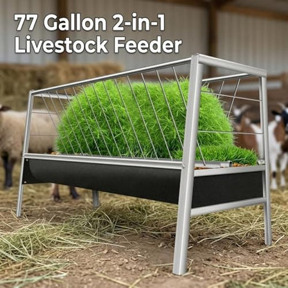 59 Inch Livestock Feeder 77 Gallon Capacity, Heavy Duty Stainless Steel Hay Feeder with Deep Rubber Grain Trough for Goats, Sheep and Horses, Barn or Pasture Use