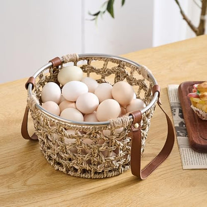 Farmhouse Seagrass Egg Baskets - Handmade Wicker Egg Collecting Basket with Handle - color: Round-Seagrass