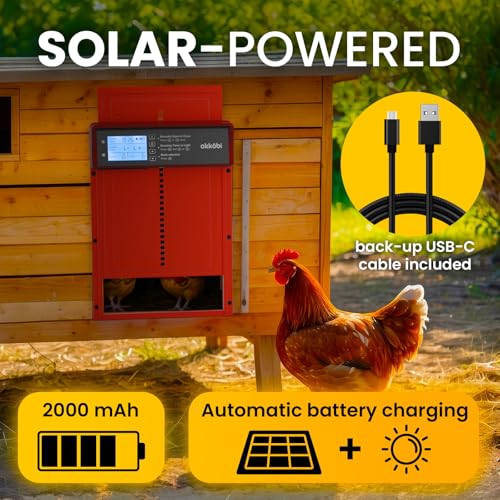Okkobi Automatic Chicken Coop Door Solar Powered - LCD Display - Chicken Coop Door with Remote Control, Light Sensor & Timer - Security & Peace of Mind: Anti-Pinch Function - 5-Year Protection - Red - color: Red