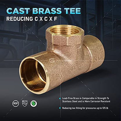 Supply Giant DDGU1141 C X C X F No Lead Cast Brass Tee Fitting with Solder Cups and Female Threaded Branch, 1-1/4" x 1-1/4" x 1 - size: 1-1/4" x 1-1/4" x 1"