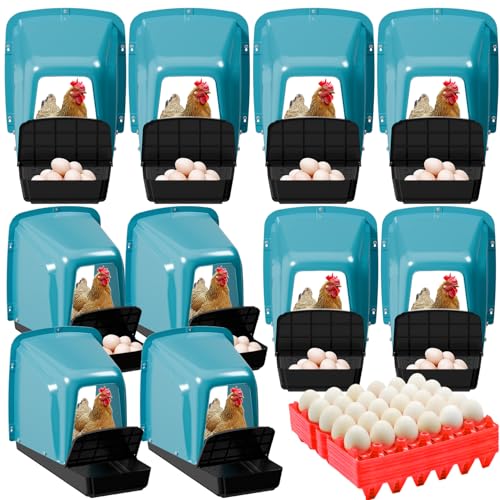 Chicken Nesting Box with Plastic Egg Trays, 10 Pack Nesting Boxes for Chickens with Egg Collection, Breathable Chicken Laying Boxes & Stackable Egg Tray for Chicken Coops and Farms - Green - color: Green