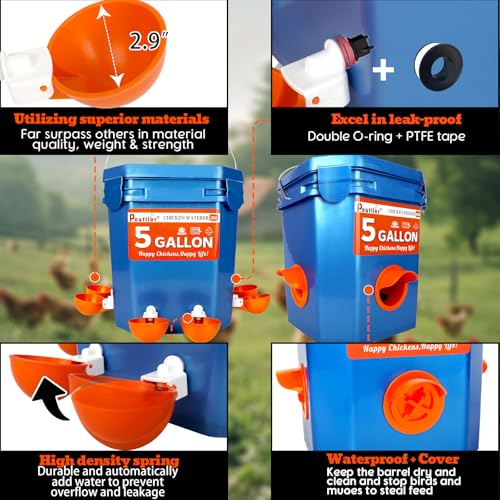 5 Gallon (44 Lbs) Automatic Chicken Feeder & Waterer Set, No-Waste & Rain Proof Design, Keeps Out Small Animals, Hanging Poultry Kit for Chicken, Duck, Turkey & Geese