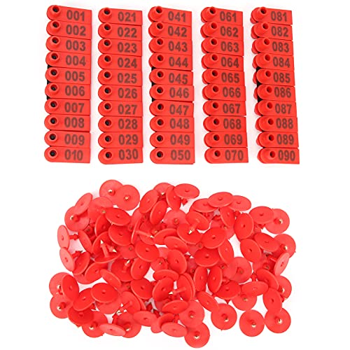 100 Pack Cattle Ear Tags, Animal Identification Labels Numbered Livestock Ear Tags for Cow Cattle Sheep Goats Pigs Hogs (100 red Characters) - color: 100 Red Characters