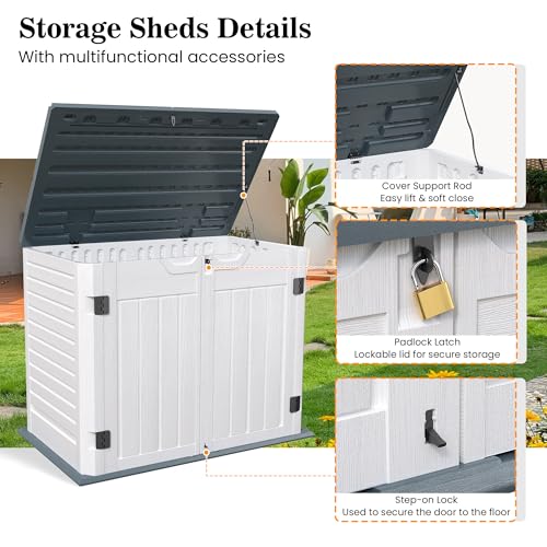 Amopatio Premium Resin Outdoor Storage Shed, 35 Cu Ft, White | Horizontal, Trash Can Storage, Weather Resistance, W/Lock, For Garbage Cans, Garden Tools, Lawn Mowers, Patio