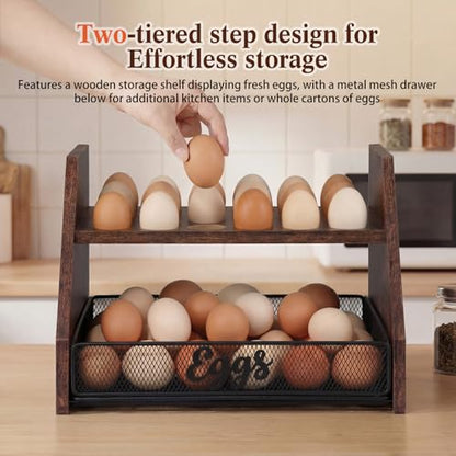 LemonRoad Wooden Egg Holder Fresh Egg Holders with Wire Basket Organizer for Countertop 24+60 Eggs Rustic Kitchen Organizer Basket for Gathering Fresh Chicken/Duck/Quail/Turkey Eggs(Brown)